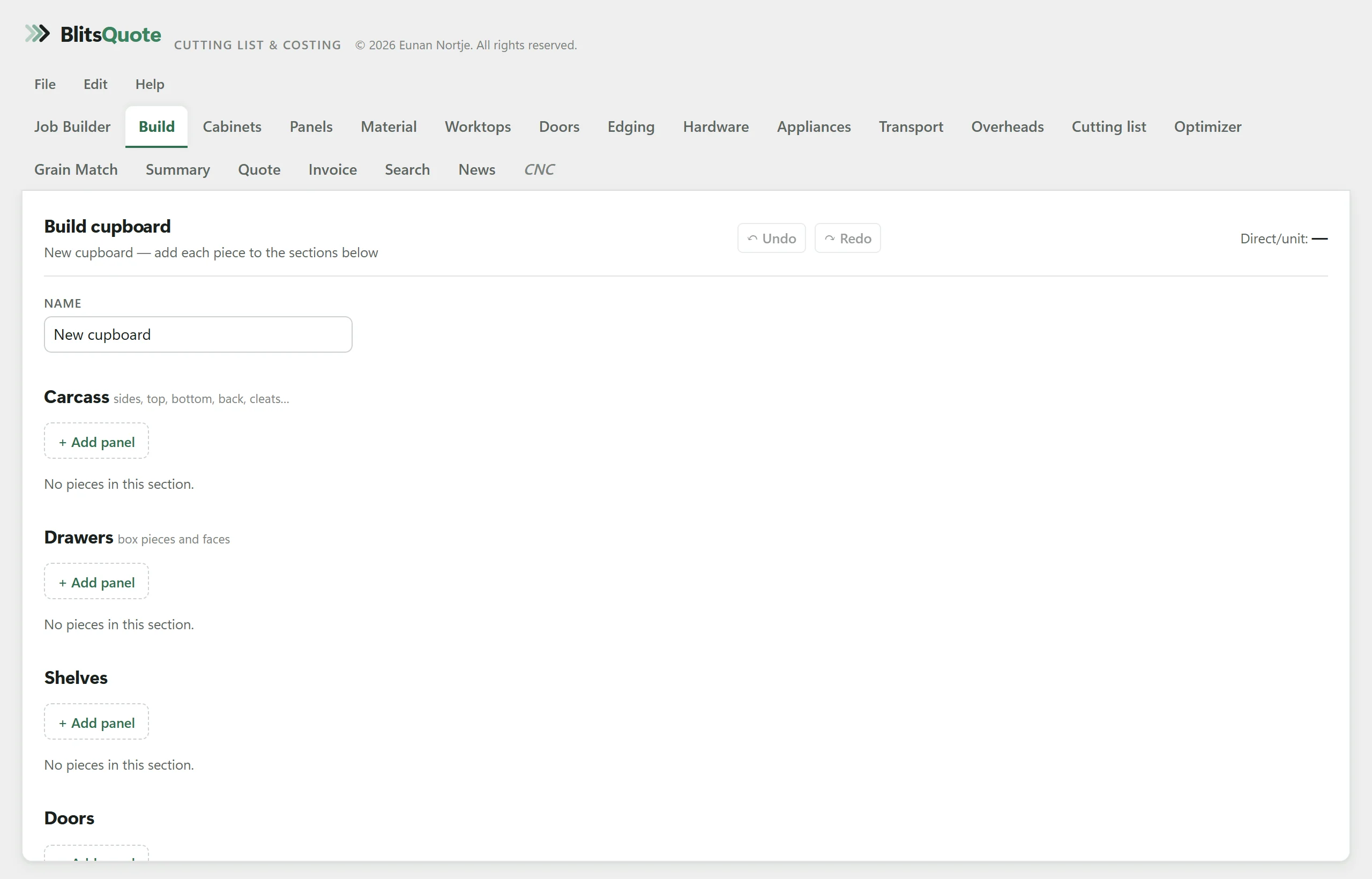 The Build tab in BlitsQuote, showing the demo kitchen.