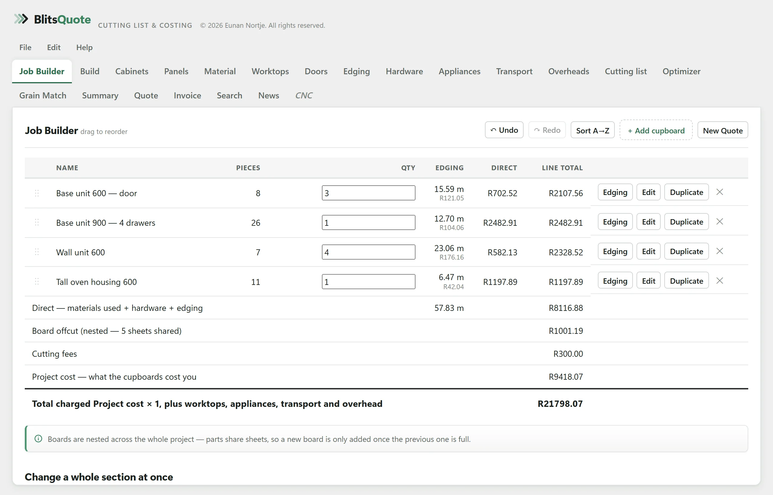 The Job Builder tab in BlitsQuote, showing the demo kitchen.
