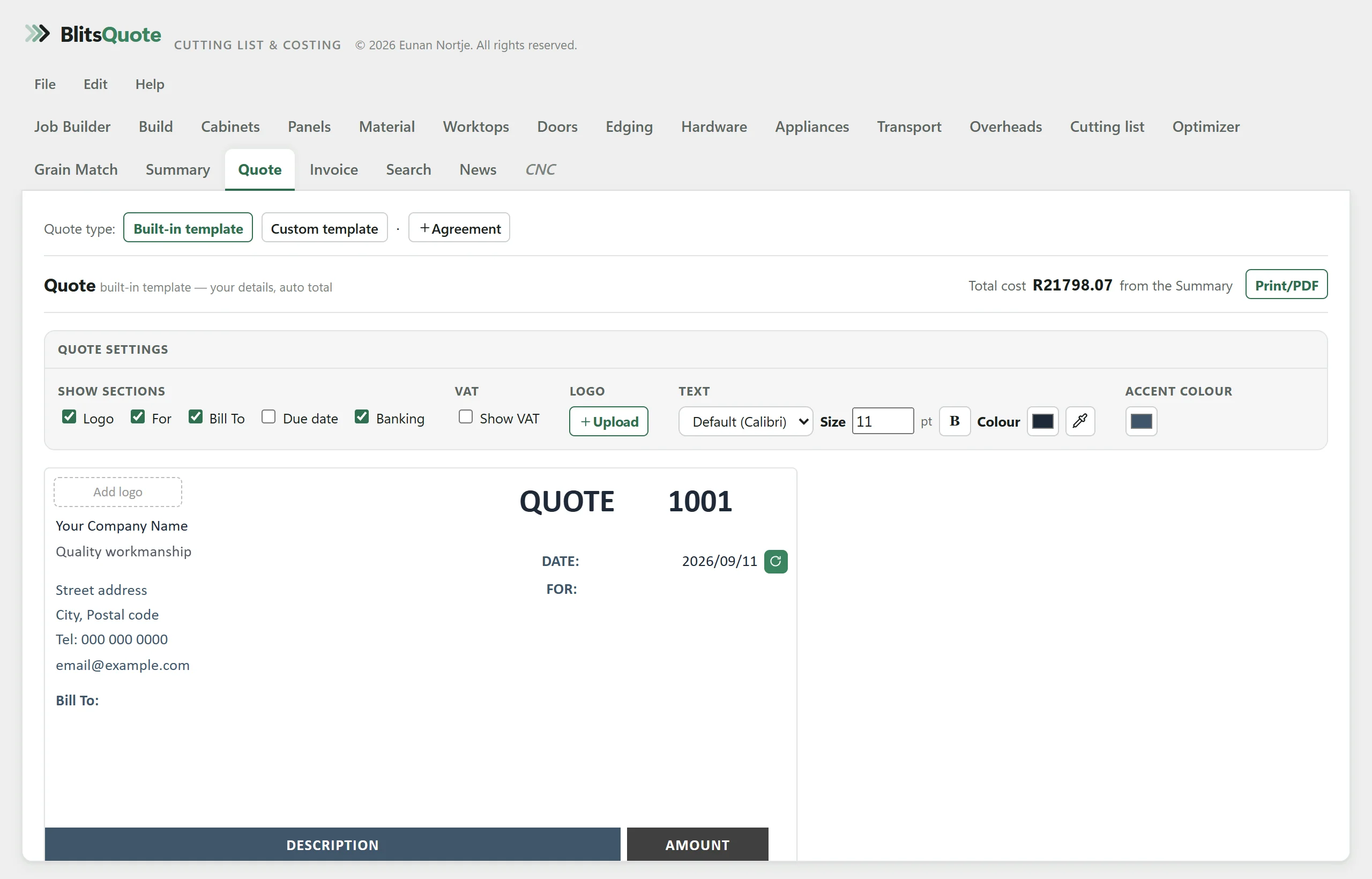 The Quote tab in BlitsQuote, showing the demo kitchen.
