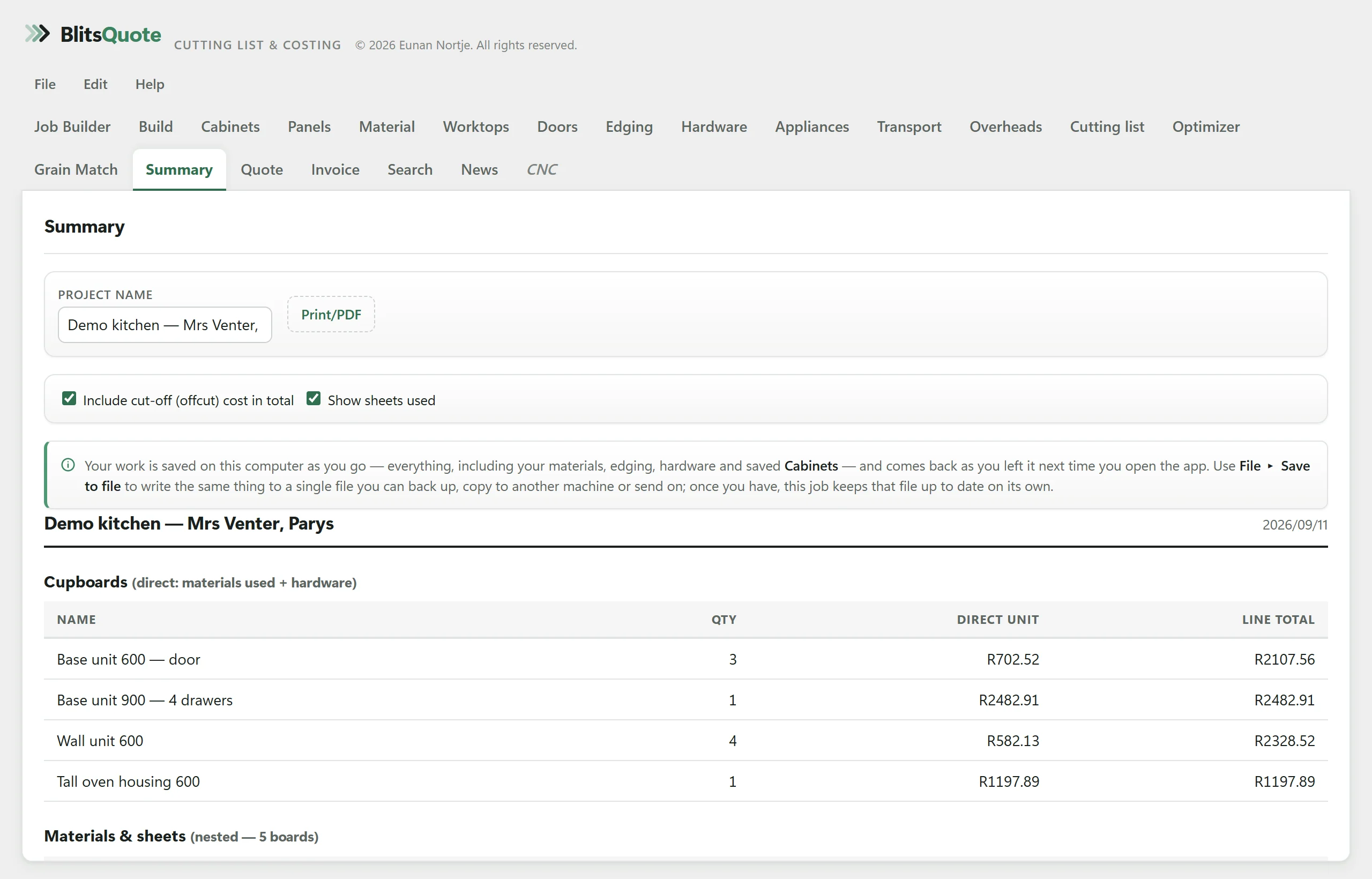 The Summary tab in BlitsQuote, showing the demo kitchen.